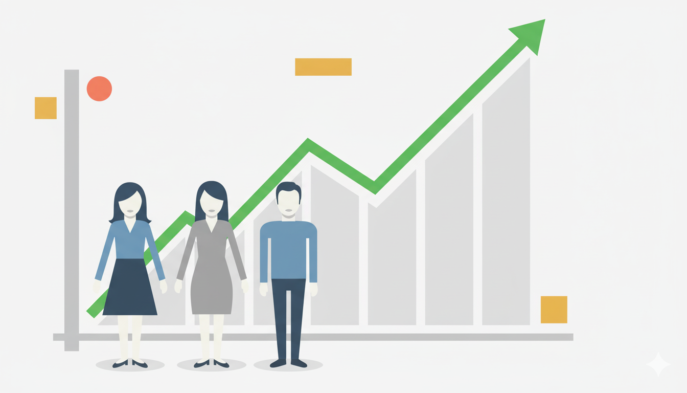 Corporate Memphis style illustration of a team and a skyrocketing graph showing the business impact of data-driven insights.