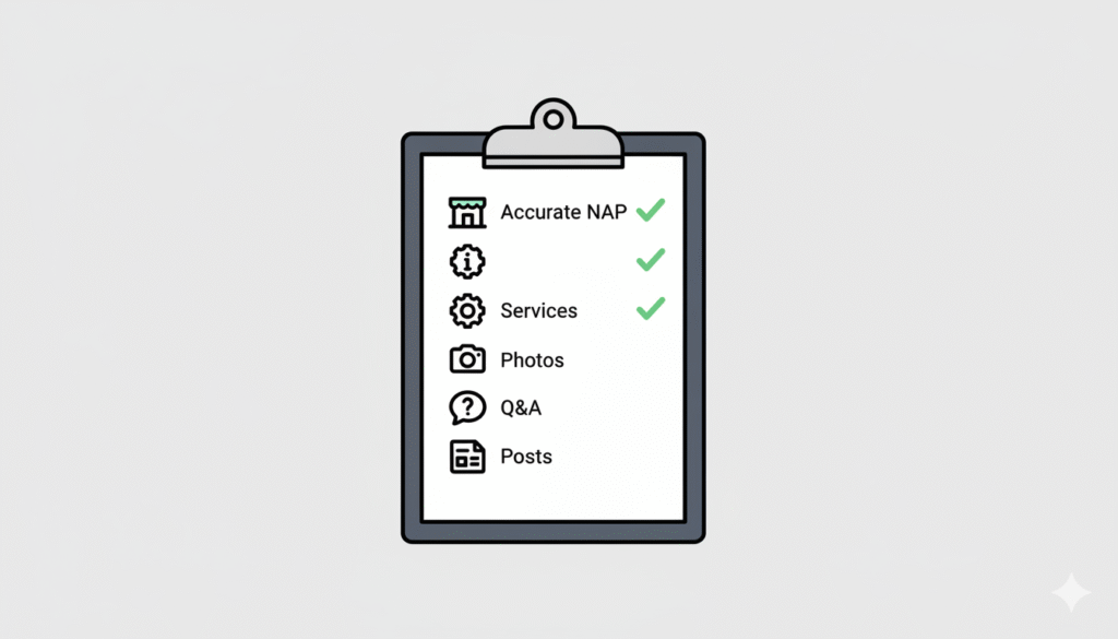 A graphic checklist showing the key components of an optimized Google Business Profile for local SEO.