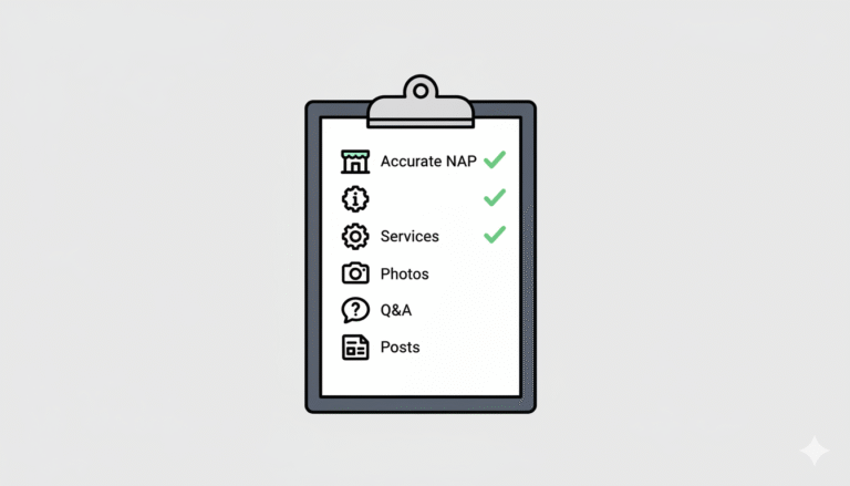 A graphic checklist showing the key components of an optimized Google Business Profile for local SEO.