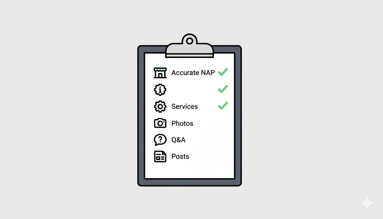 A graphic checklist showing the key components of an optimized Google Business Profile for local SEO.