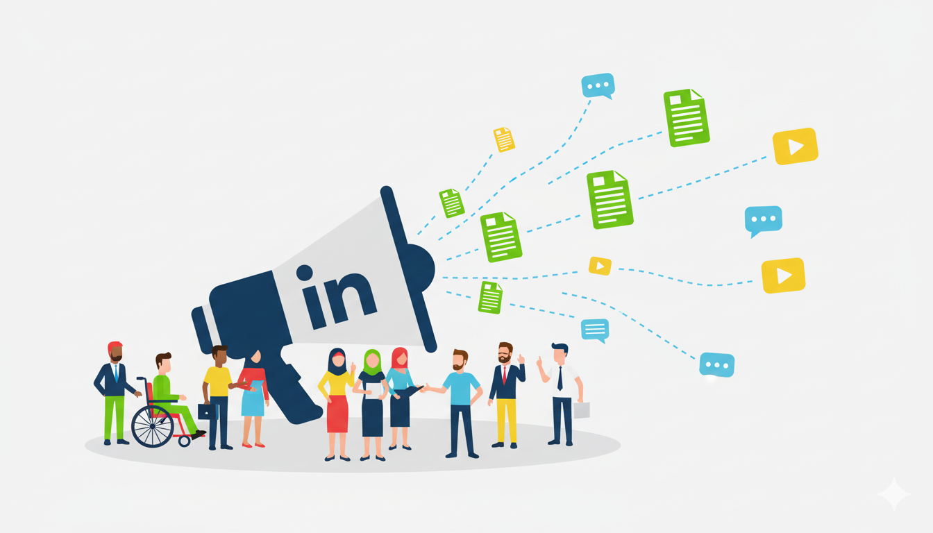 Illustration of a linkedIn megaphone in corpo memphis form.