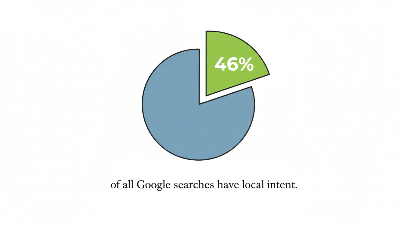 An animated pie chart showing that 46% of all Google searches have local intent, a key statistic for businesses.
