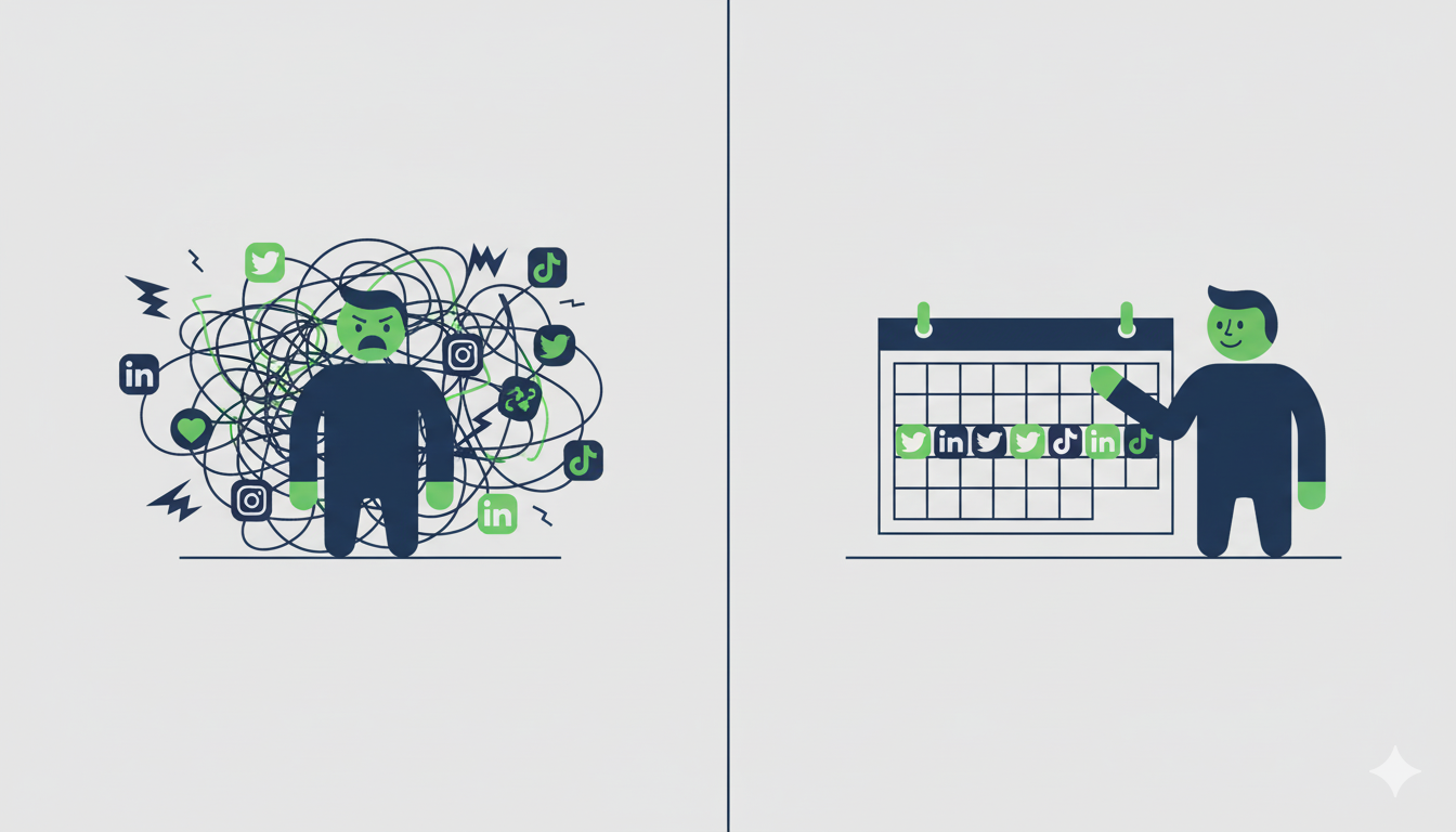 An illustration showing the transformation from a chaotic approach to a structured social media content plan.
