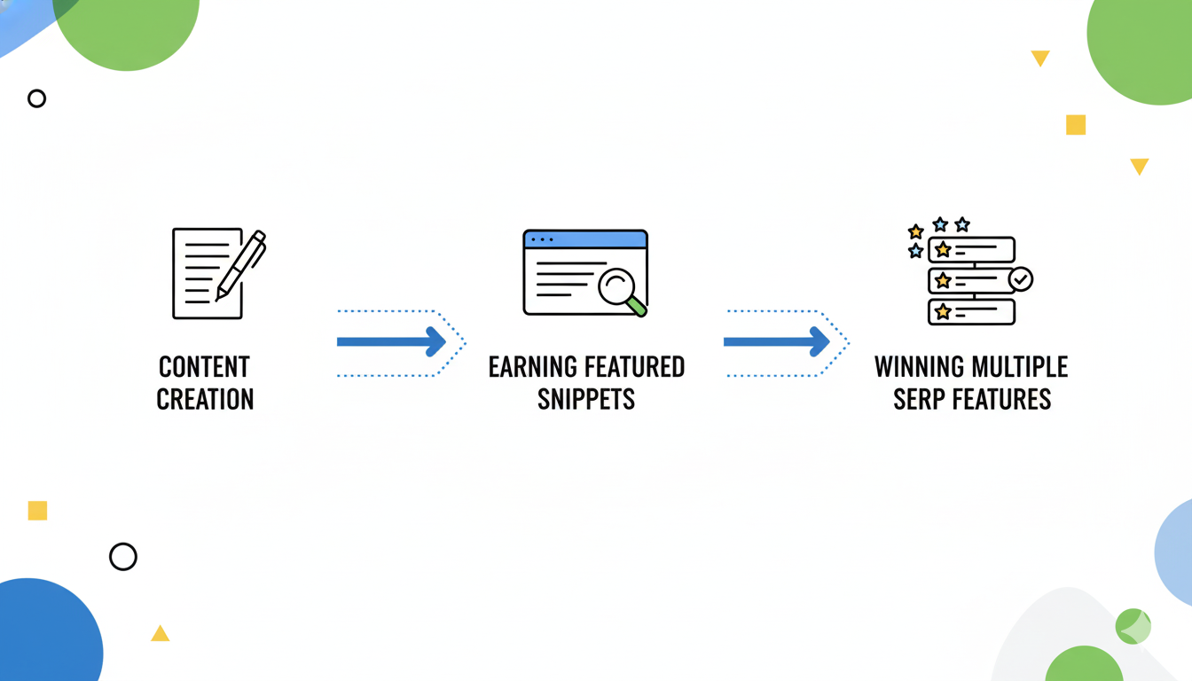 Dominate SERP Features Strategy - flowchart showing path from content creation to winning multiple SERP features
