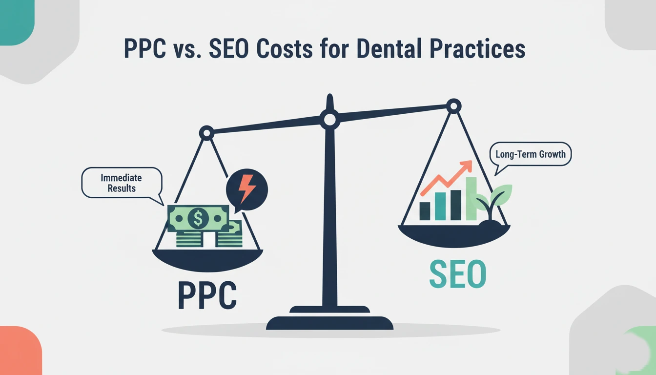 Comparison chart showing dental PPC versus SEO costs and ROI timelines