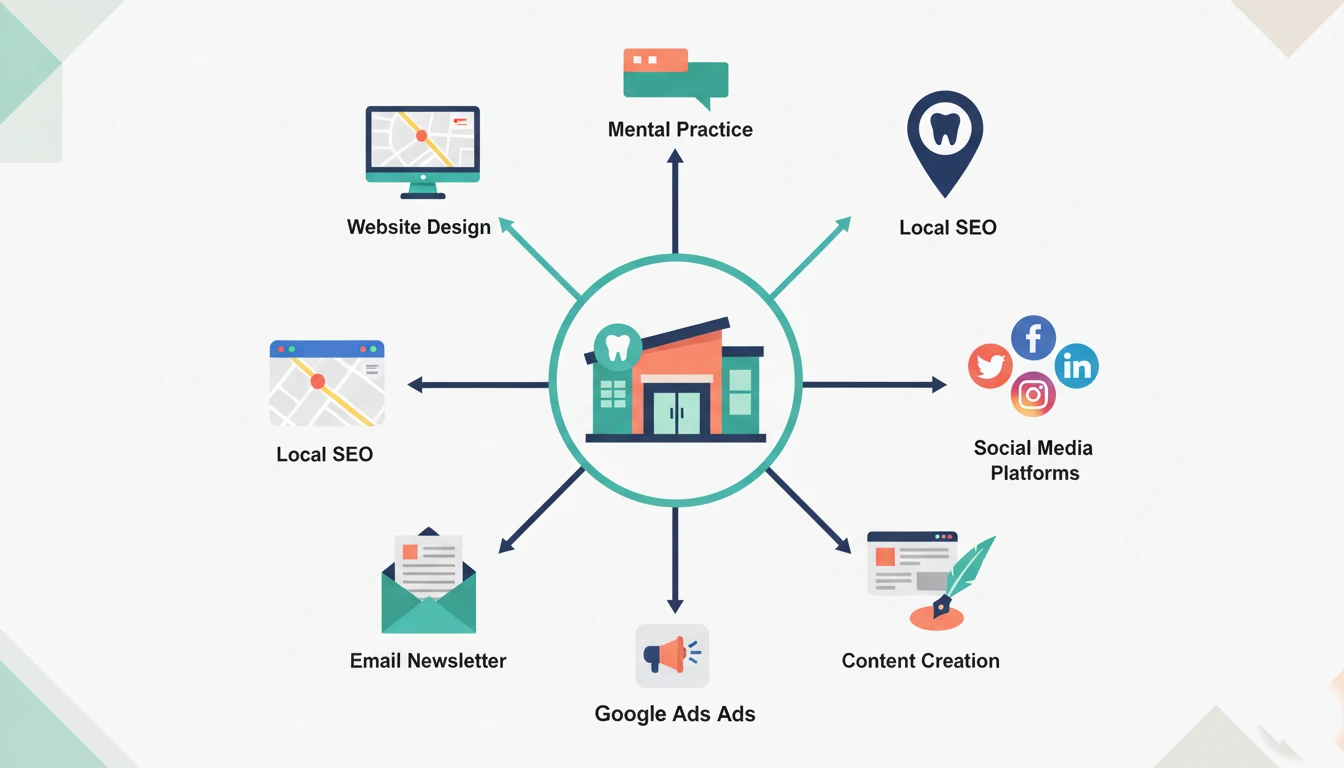 Comprehensive dental practice digital marketing services showing interconnected marketing channels