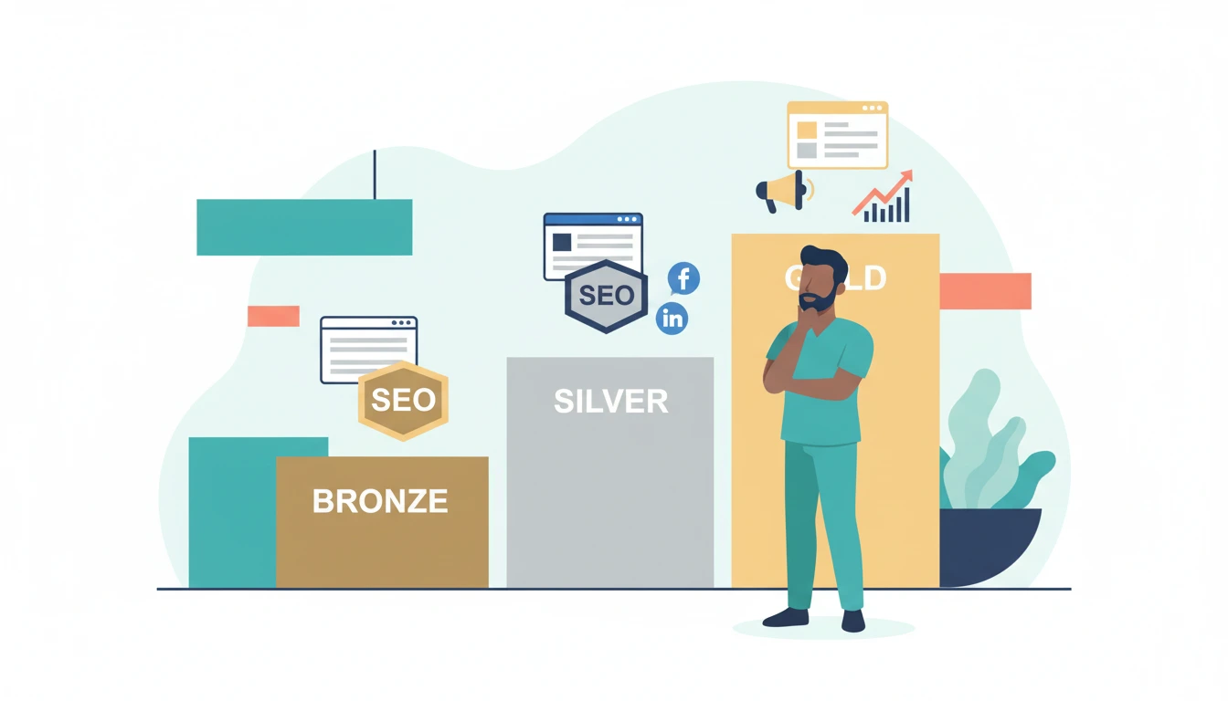 Three-tier dental marketing pricing packages showing bronze, silver, and gold service levels