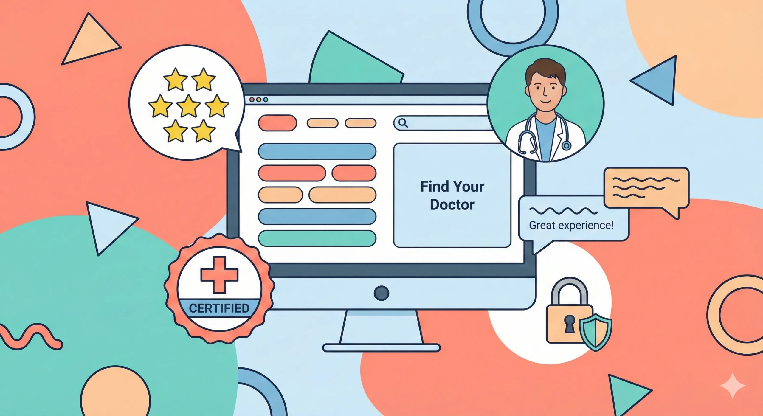 Trust signals on a medical practice website including reviews, certifications, and doctor profiles