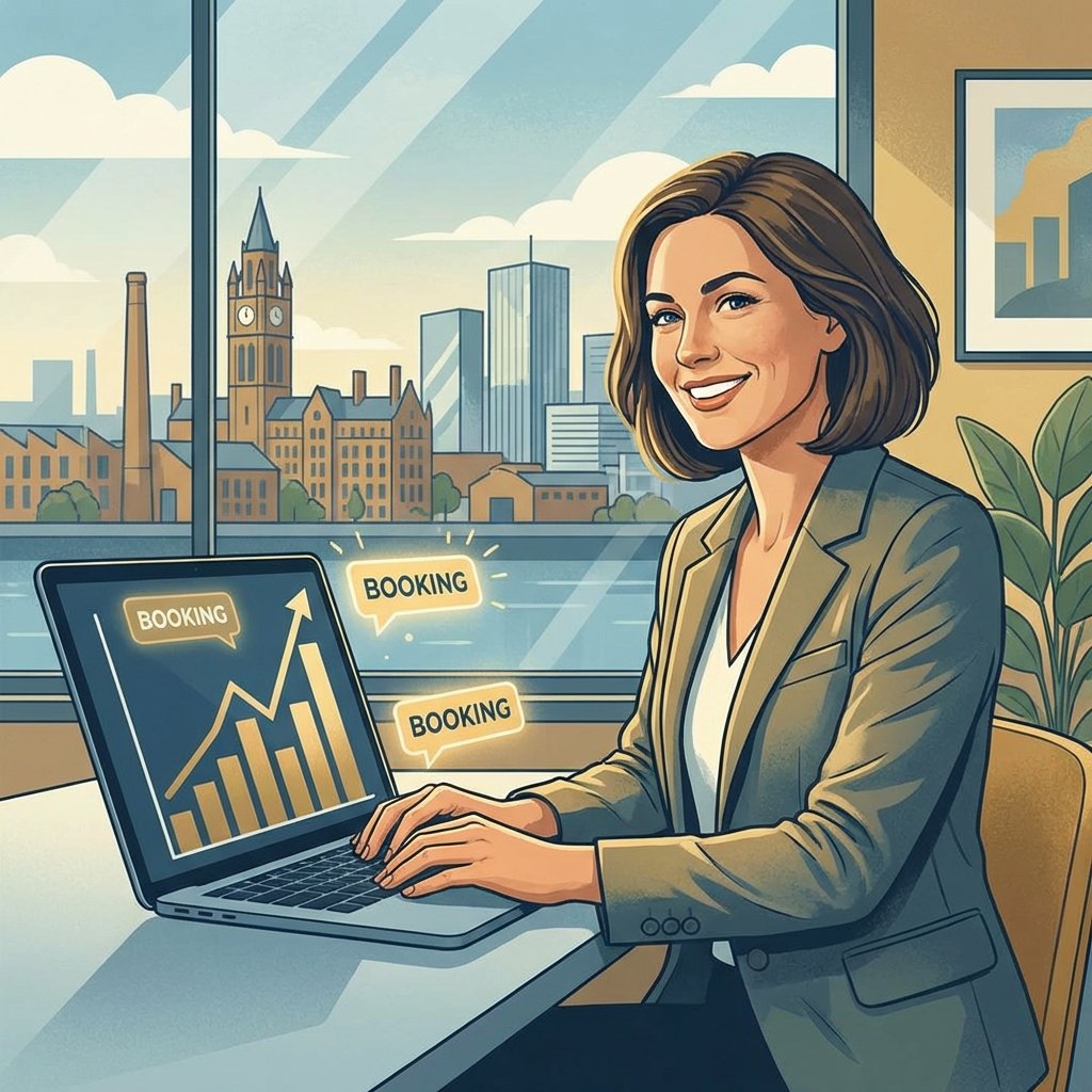 Aesthetic clinic owner looking at laptop with growing charts and booking notifications