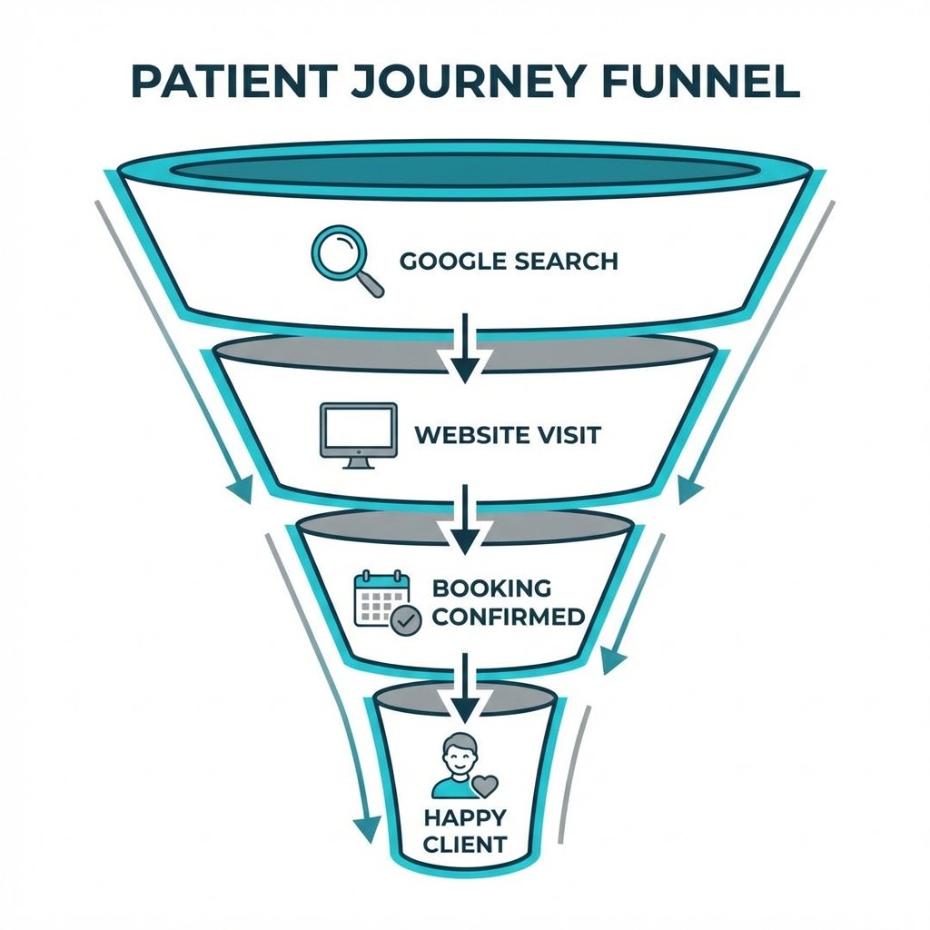 Patient journey funnel showing Google search to website to booking to happy client