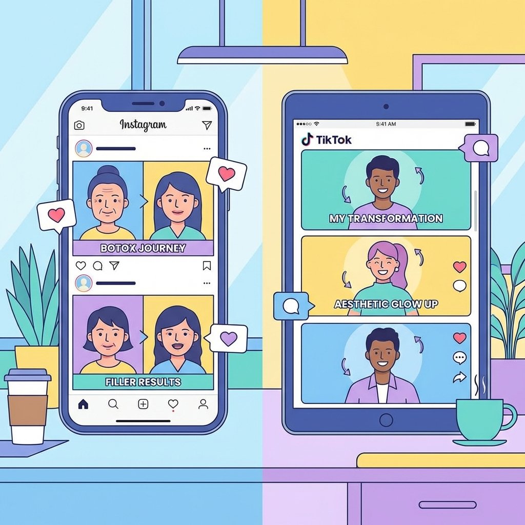 Instagram and TikTok feeds showing aesthetic treatment transformations with high engagement