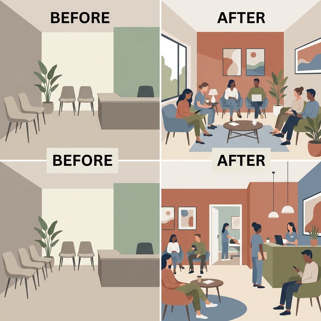 Before and after transformation showing empty clinic becoming fully booked