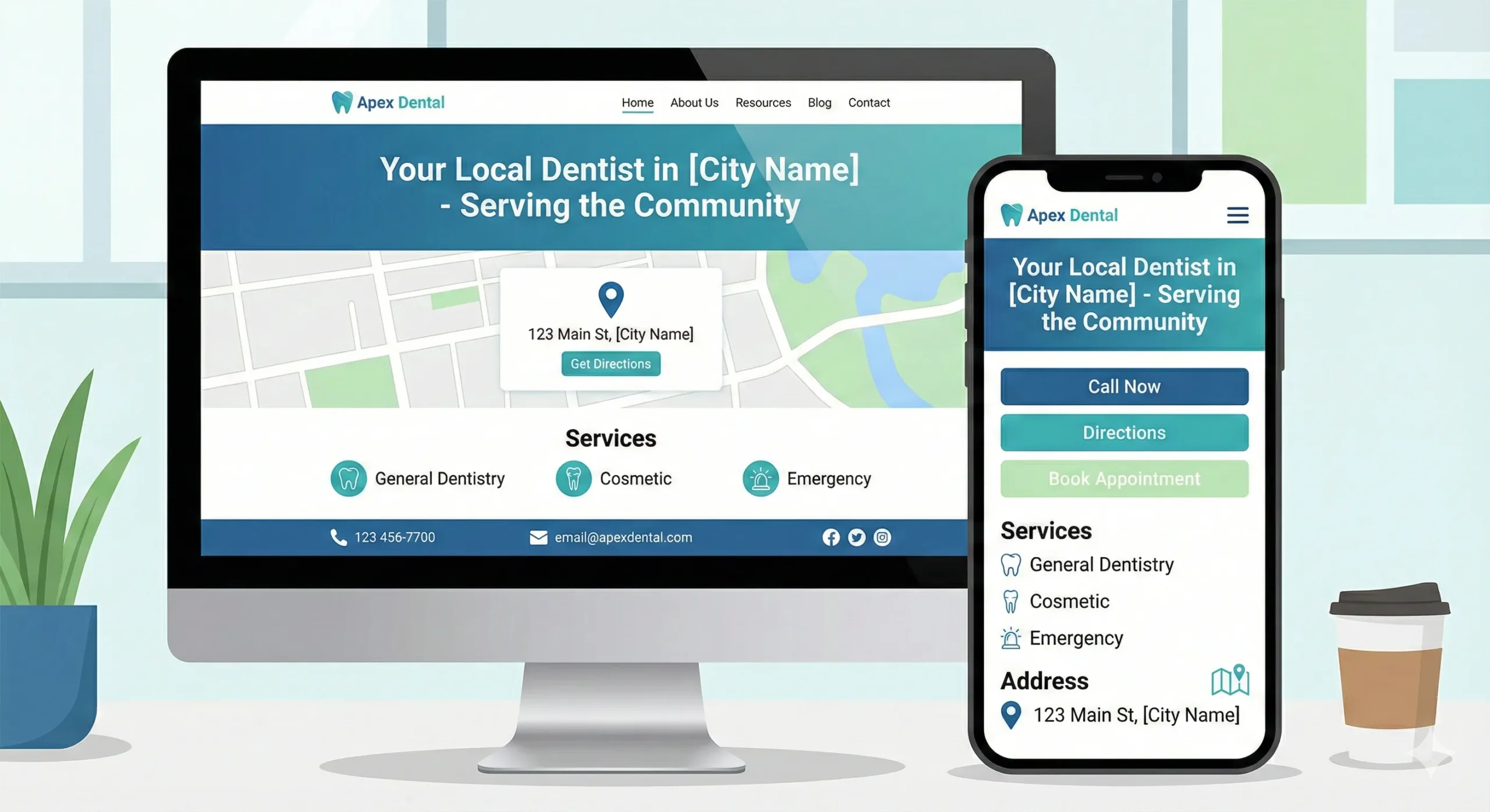 Dental website showing local SEO elements on desktop and mobile