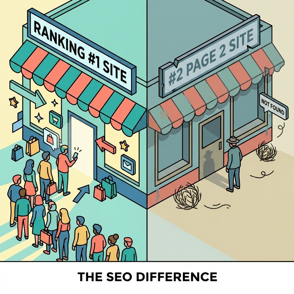 Comparison of a busy shop representing rank #1 vs a deserted shop representing rank #2