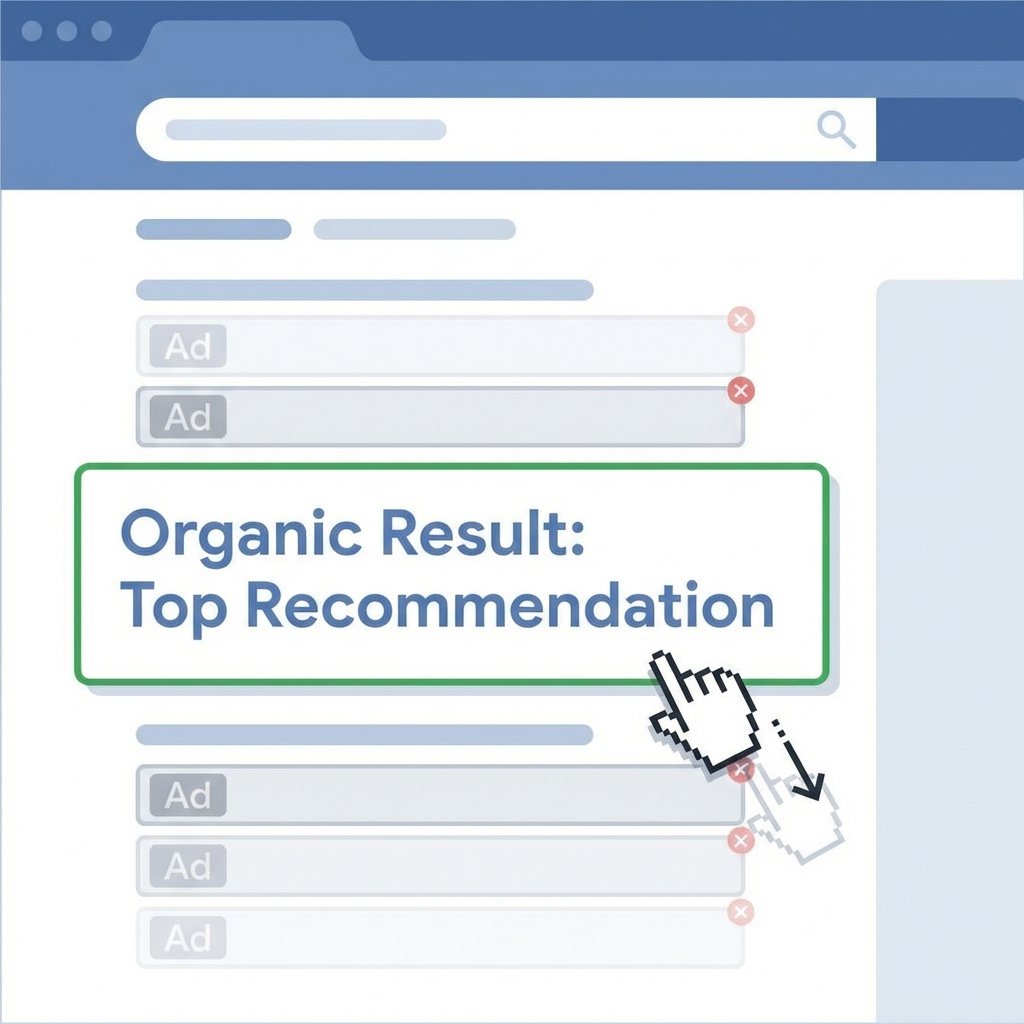 Illustration of a user scrolling past ads to click the first organic result