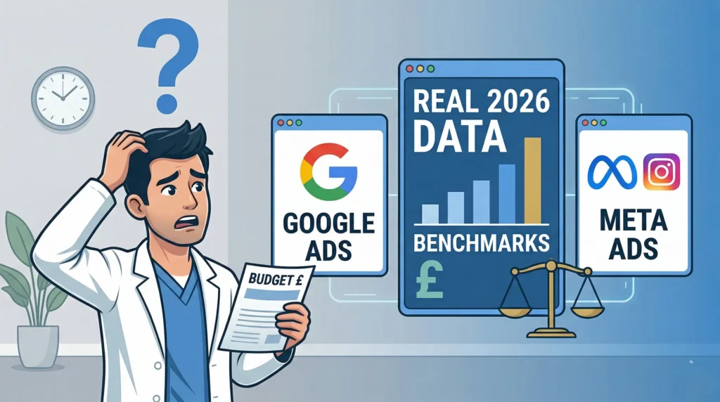 dental marketing budget UK - dentist comparing Google Ads and Meta Ads benchmarks for 2026