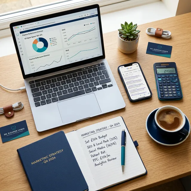 Dental practice marketing budget and strategy planning workspace with analytics and Google search results