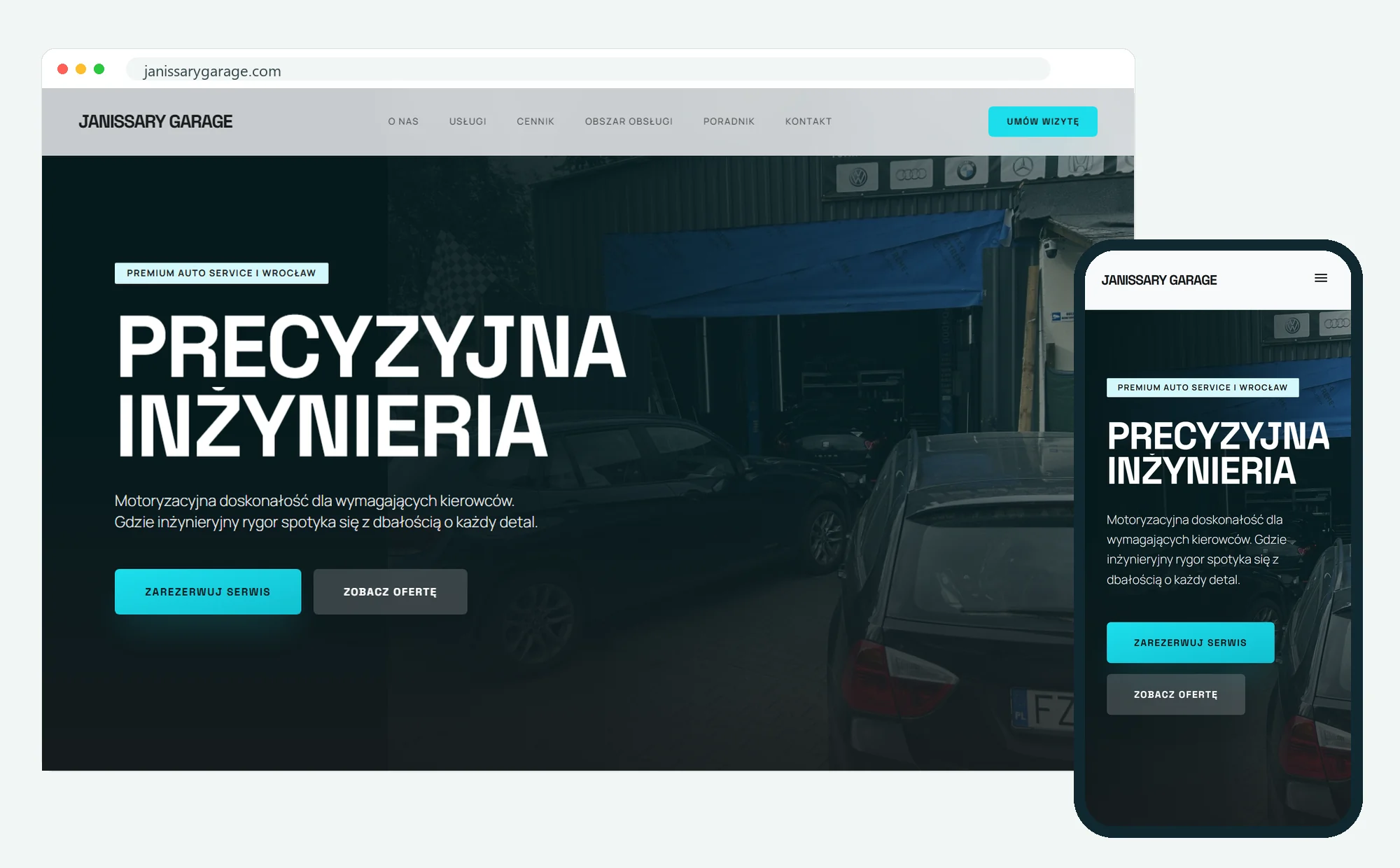 La homepage di janissarygarage.com su desktop e su smartphone