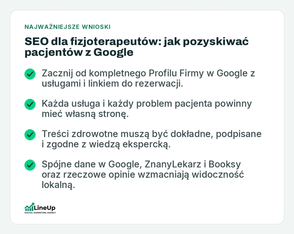 Najważniejsze wnioski: SEO dla fizjoterapeutów: jak pozyskiwać pacjentów z Google