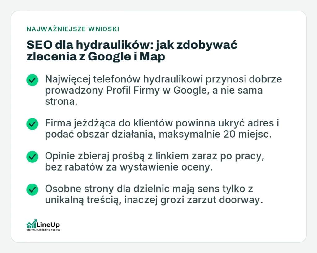 Najważniejsze wnioski: SEO dla hydraulików: jak zdobywać zlecenia z Google i Map