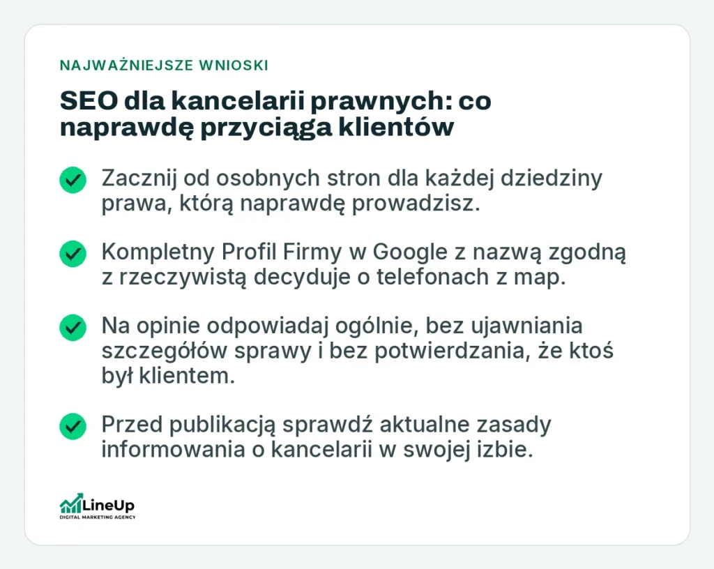 Najważniejsze wnioski: SEO dla kancelarii prawnych: co naprawdę przyciąga klientów