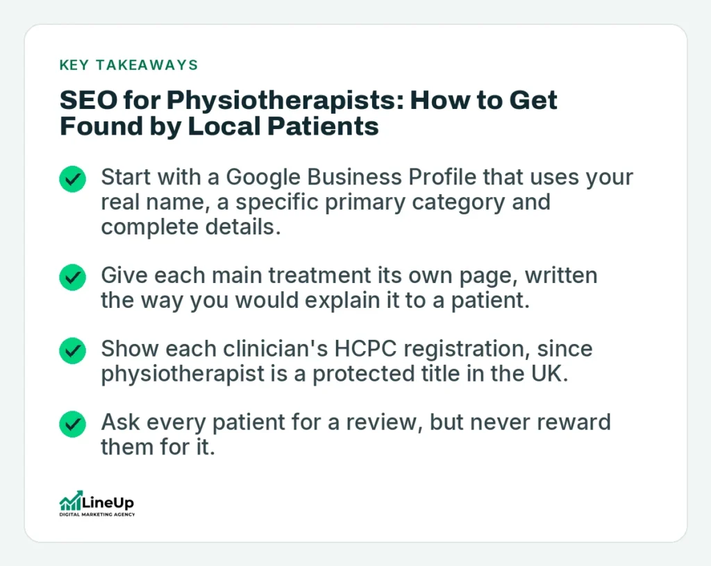 Key takeaways: SEO for Physiotherapists: How to Get Found by Local Patients