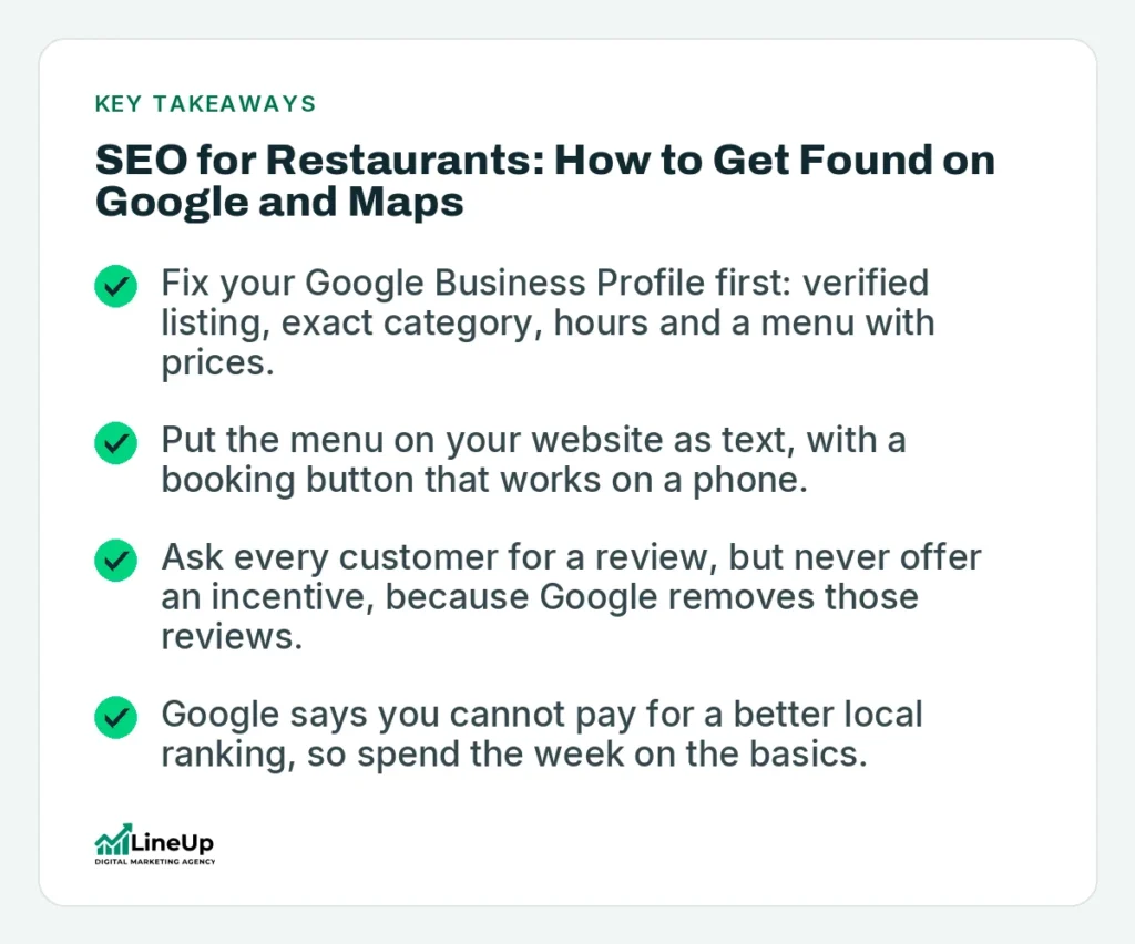 Key takeaways: SEO for Restaurants: How to Get Found on Google and Maps