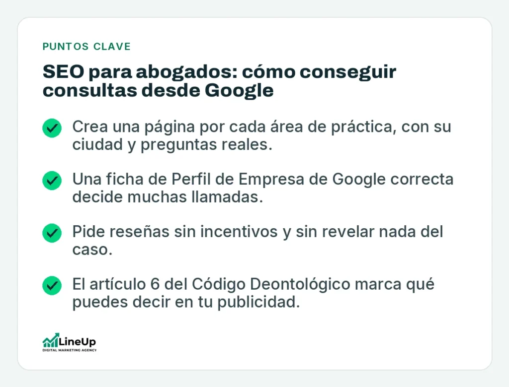 Puntos clave: SEO para abogados: cómo conseguir consultas desde Google