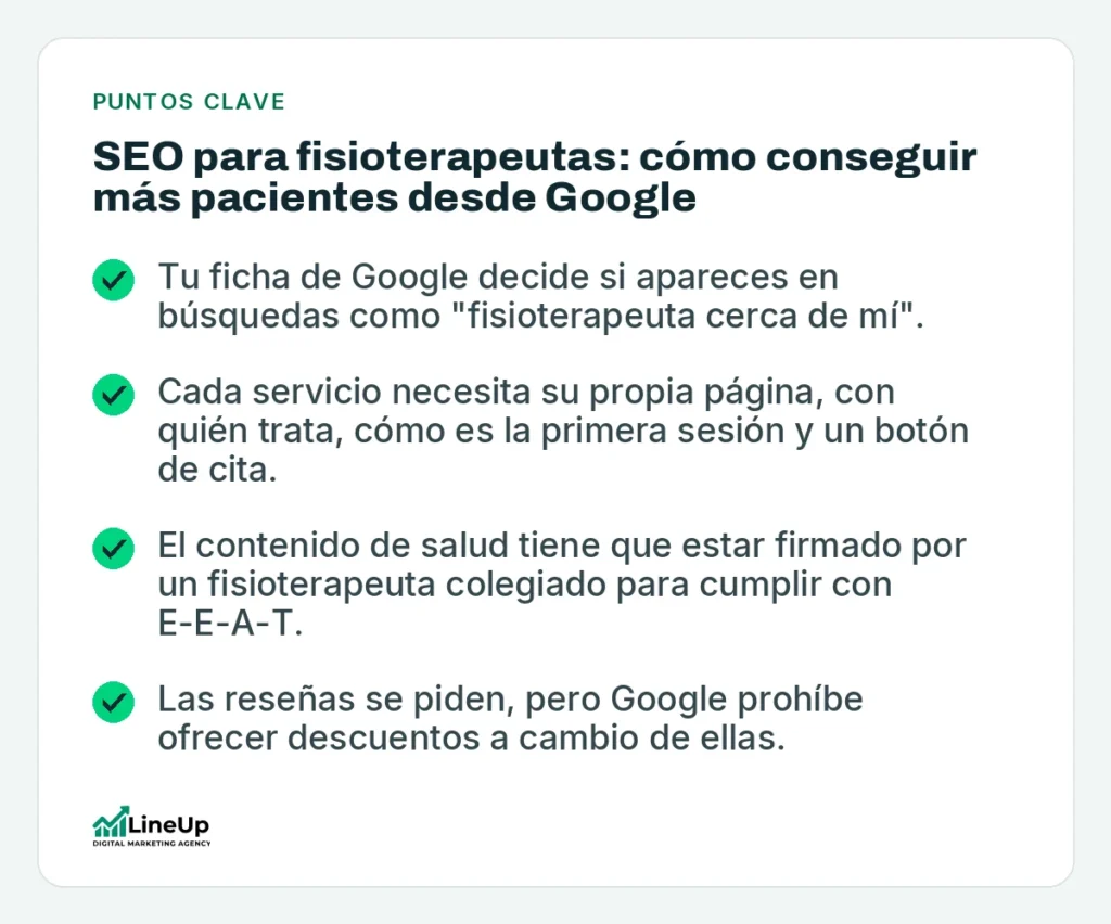 Puntos clave: SEO para fisioterapeutas: cómo conseguir más pacientes desde Google