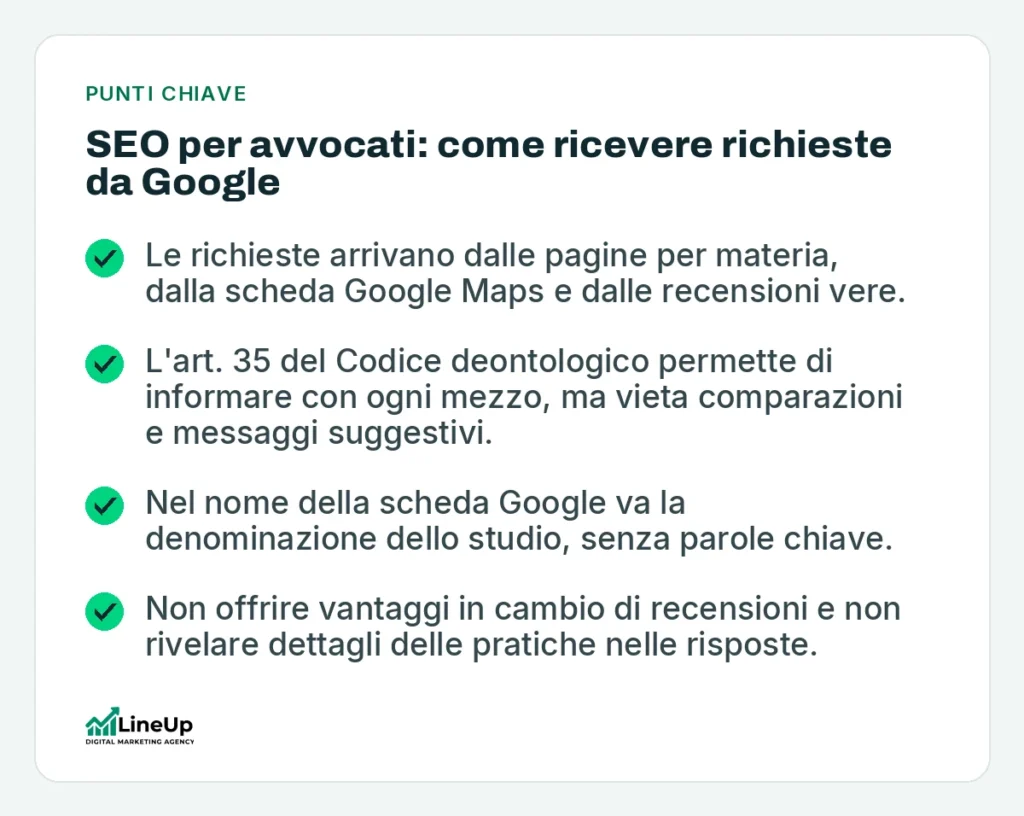 Punti chiave: SEO per avvocati: come ricevere richieste da Google