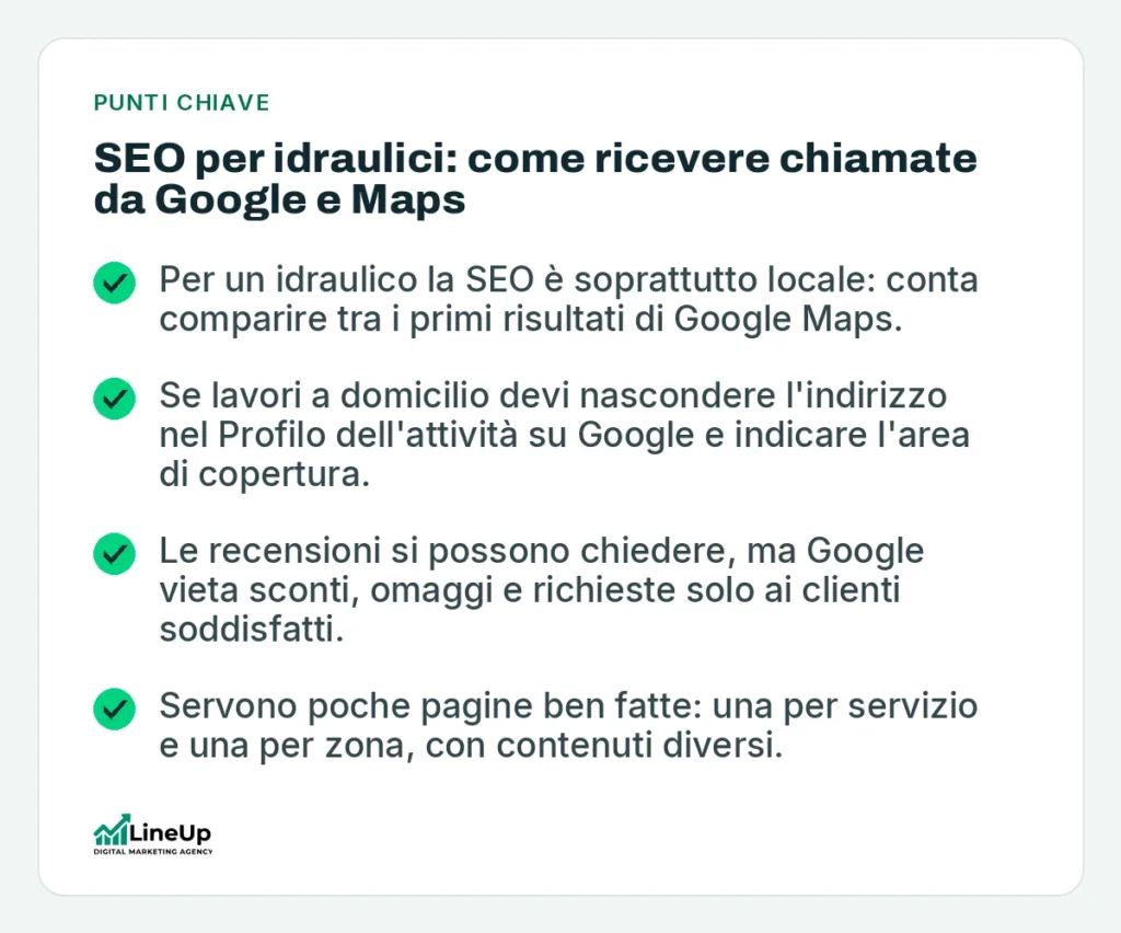 Punti chiave: SEO per idraulici: come ricevere chiamate da Google e Maps